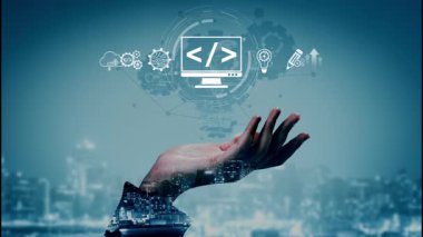 Kodlama sembolleri, web geliştirme süreci, web geliştirme arayüzü ve web geliştirme araçlarını içeren modern web geliştirme kavramı. Muxer