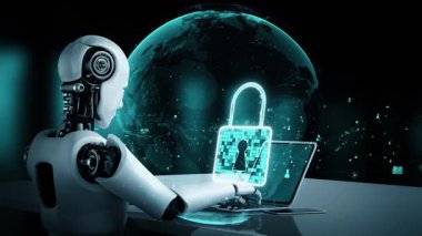 AI robot huminoid uses cloud computing technology to store data on online server . Futuristic concept of cloud information storage analyzed by machine learning process . 3D rendering .