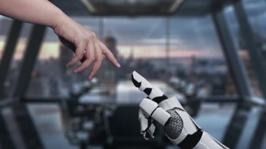 Teknolojinin modern işyerlerine entegrasyonunu sembolize eden, iş ve takım çalışmasıyla ilgili dijital simgelerle etkileşen robotik bir el gösteren gelecekteki ofis sahnesi. Auvana