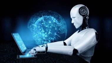 Robot hominoidler, 4. Sanayi Devrimi için yapay zeka, yapay zeka ve makine öğrenme yöntemlerini kullanarak küresel ağ bağlantıları için masada oturuyorlar. 3B görüntüleme.