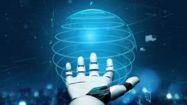 Fütürist bir robotik el, dijital ortamda teknolojinin ve küresel bağlantının kesişimini sembolize eden parlayan bir holografik küreye uzanır. Xenic