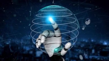 Dinamik veri görselleştirmeleri ve analitik sembollerle çevrili, teknolojinin gelişimini gösteren bir robot elin dijital bir küreyle etkileşiminin büyüleyici bir çizimi. Xenic