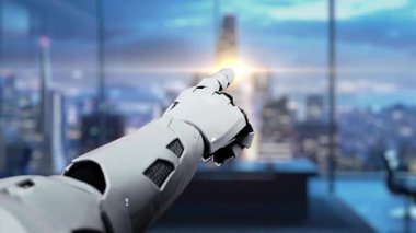 Bir robot el, yenilikçi teknolojiyi sembolize eden, modern bir ofiste veri eğilimlerini, işbirliği ve analitiği temsil eden dijital iş simgeleriyle etkileşim halindedir. Auvana