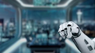 Son derece gelişmiş bir robot el, teknoloji ve finans kaynağını sembolize eden, modern bir bankacılık ortamında finansal büyüme ölçümlerini gösteren bir dijital arayüze bağlanır. Auvana