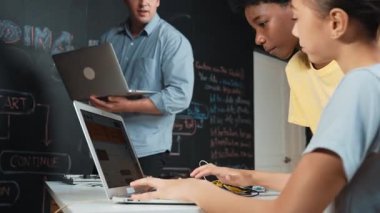 Çeşitli öğrencilerden oluşan bir grup program yazmak için birlikte çalışıyor. Öğretmenler BTMM dersindeki hata noktasını açıklarken çok kültürlü çocukların kodlaması ya da programlaması. Öğretim