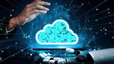 Veri bağlantı hatlarıyla çevrili, dijital dönüşüm ve teknolojik yenilikleri vurgulayan parlayan bir bulut sembolüne uzanan robotik bir eli gösteren fütüristik görüntü. Xenic