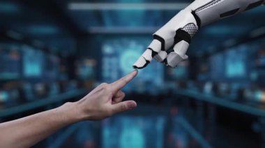 Modern bir veri merkezinde teknoloji ve siber güvenlikteki yenilikleri vurgulayan, dijital güvenlik arayüzü ile etkileşen bir insan eli ve robotik kolu tasvir eden fütürist bir sahne. Auvana