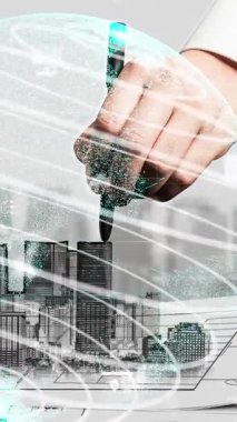 Şehir sivil planlama ve yaratıcı gayrimenkul geliştirme. Yaratıcı şehir binası tasarlamak için soyut şehir çizimine bakan mimar insanlar. Mimarlık hayali ve hırs konsepti.