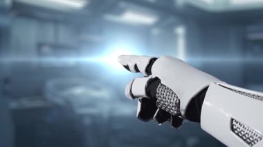 İnsan anatomisini gösteren ve bulanık laboratuvar geçmişine sahip robot el işaretlerini kapat. Robot el, tıbbi verileri teşhis semptomlarına bağlamak için x ray gösterge paneline tıklıyor. Sağlıklı..