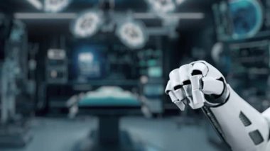 Bulanık laboratuvar arka planına sahip beyin hologramına robotik el gösterimi yap ve tıkla. Tıbbi verilere erişmek ve onları teşhis etmek için robot el beyin ikonuna tıklıyor. Sağlıklı..