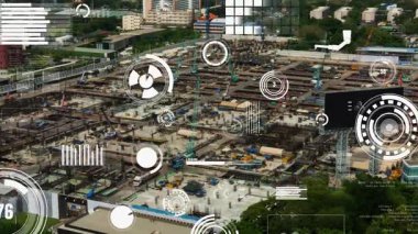 Otomasyon konseptini ve uzaktan kablosuz makine kontrolünü gösteren bir bilgisayar yazılımında fütüristik HUD kullanarak inşaat teknolojisi konsepti üzerinde değişiklik grafiği içeren konsept .