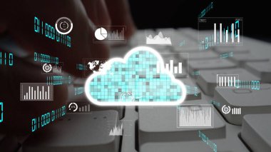 Bir klavye üzerinden yansıtılan veri grafikleriyle bulut hesaplamasının görsel temsili, modern iş dünyasındaki teknoloji ve veri analizlerinin kesişimini gösteriyor. Xenic