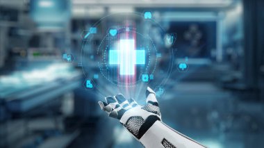 Tıbbi haç hologramı havada süzülürken robot elinin avuç içini kapat. Tıbbi verilere erişip, semptomlara bağlanırken tıbbi çapraz holografiği gösteren bir el. Sağlıklı..