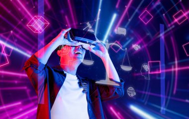 Sanal gerçekliğe dalmış bir kişi, yönetim ve teknoloji gelişimine uymanın önemini vurgulayan yapay zekanın, etiğin ve hukukun birleşmesini temsil eder. XDMCP