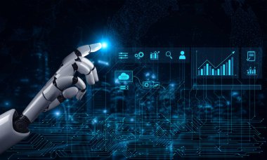 Bulut ve veritabanından iş görüşleri ve performans izleme için otomatik analitik gösterge paneline kusursuz veri entegrasyonunu gösteren yapay zeka arayüzü