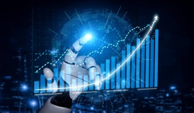 Fütürist bir robot el dijital ekrandaki veri görselleştirmeleri ile etkileşime girer, iş büyümesindeki teknoloji ve analitik kavramları sembolize eder. Etki