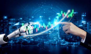 İnsan Eli ile Robotik El Arasında Geleceğin Etkileşimi Mavi Arkaplan Çarpışmalı Finansal Veri Grafiği.