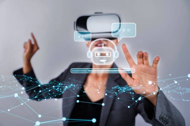 Gelişmiş sohbet robotu teknolojisinin yer aldığı sanal gerçeklik deneyimi yaşayan bir kullanıcıyla iletişimin geleceğini araştırın, yapay zeka etkileşimindeki yenilikleri gösterin. XDMCP