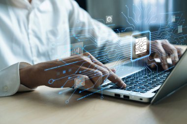 Yapay zeka mühendisliği, büyük veri ve yapay zeka makinesi kavramında yapay zeka beyin işlemcisiyle iş desteği için üretken yapay zeka kullanmayı öğrenen insan etkileşimi. EIDE