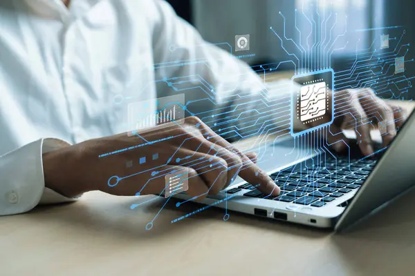 Yapay zeka mühendisliği, büyük veri ve yapay zeka makinesi kavramında yapay zeka beyin işlemcisiyle iş desteği için üretken yapay zeka kullanmayı öğrenen insan etkileşimi. EIDE