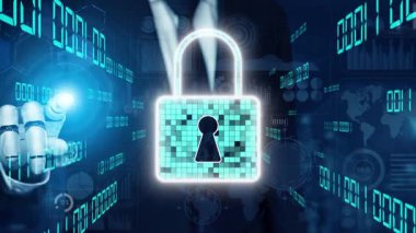 Profesyonel bir işadamı, modern siber güvenlik tedbirlerini vurgulayarak, grafikler ve analitikler arasında bir kilit sembolü ile temsil edilen dijital güvenlik kavramlarıyla ilgileniyor. Xenic