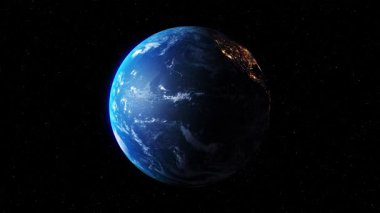 Seamless loop footage of planet earth whole round 3D orbital rotation with day night transition . 360 degree spinning globe sphere with realistic geography .