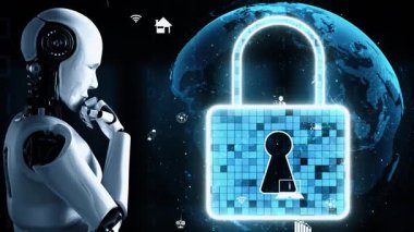 AI robot huminoid uses cloud computing technology to store data on online server . Futuristic concept of cloud information storage analyzed by machine learning process . 3D rendering .