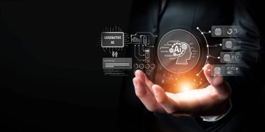 Yapay zeka sanal asistanı Chatbot ile yapay zeka konsepti ile insan etkileşimi, yapay zeka mühendisliği, LLM yapay zeka derin öğrenimi iş desteği için üretken yapay zeka kullanımı. FaaS