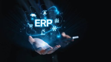 ERP platformu, kurumsal kaynak planlaması, entegrasyon, veri akışı, iş verimliliği, finans, envanter ve insan kaynaklarının iyileştirilmesi için merkezi sistemi göstermektedir. Elide