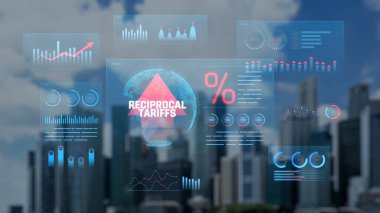 Bulutlu Mavi Gök 'e Karşı Gökyüzü Üzerine Dijital Grafiklerle Karşılıklı Gümrük ve Vergilerin Kavramsal Temsili. Sevkiyat.