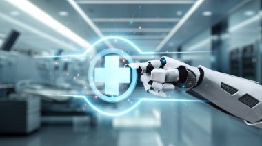 Robotik el işaretini kapat ve bulanık laboratuvar geçmişine sahip çapraz holograma dokun. Tıbbi verilere erişmek ve onları teşhis etmek için robot el tıklaması. Sağlıklı..