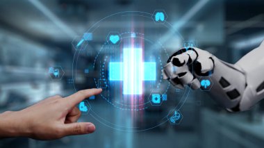 Robot ve insan elini uzatıyor ve yüzen tıbbi haç ikonu ile parmağıyla işaret ediyor. Laboratuvar geçmişini işaret ederken robot eller ve insanların birlikte çalışması yakın plan. Sağlıklı..