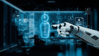 Bir robot el, yapay zekanın sağlık ve veri yönetimine entegrasyonunu temsil eden, yenilik ve teknolojiyi ön plana çıkaran dijital bir arayüze bağlanır. Auvana