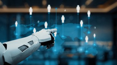 Fütürist robotik bir kol, küresel bağlantıyı ve teknolojideki yeniliği sembolize eden dijital bir haritayı işaret ediyor. Bu görsel olarak çarpıcı görüntü modern etkileşimleri keşfeder. Auvana