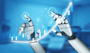 Bu büyüleyici görüntü, ileri teknolojili bir ortama uzanan, dijital büyümeyi, yeniliği ve otomasyondaki gelişmeleri sembolize eden fütürist robot elleri sergiliyor. Etki