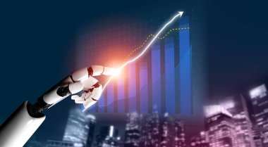 Robotik bir el yükselen bir grafiğe doğru uzanır, teknoloji ve iş dünyasındaki gelişmeyi sembolize eder, canlı bir şehir geçmişine karşı kurulur. Etki