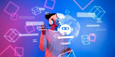 Gelişmiş yapay zeka teknolojisi ve dijital elementler sergileyen, gelecekteki bir ortamda sanal bir asistanla ilişki kuran bir kullanıcının dinamik bir temsili. XDMCP