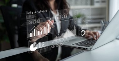 Organizasyonlarda karar verme, gelir takibi ve stratejik planlama için tablolar, istatistikler ve performans ölçümlerini gösteren iş veri analizi paneli