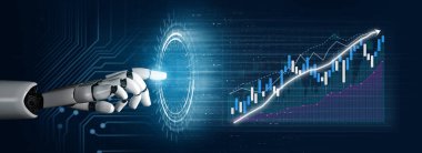 Finansal grafikleri gösteren, veri analizindeki yeniliği ve teknolojik ilerlemeyi sembolize eden parlak bir dijital arayüzle gelecekçi bir robot eli etkileşime girer. Etki