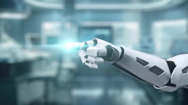 İnsan anatomisini gösteren ve bulanık laboratuvar geçmişine sahip robot el işaretlerini kapat. Robot el, tıbbi verileri teşhis semptomlarına bağlamak için x ray gösterge paneline tıklıyor. Sağlıklı..