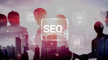 SEO görünürlüğünü geliştirmek için SEO konsepti, SEO ile ilgili dijital araçlar ve SEO performans simgeleri stratejik pazarlama için odaklanmış bir planda gösteriliyor. Muxer