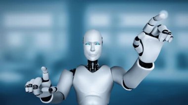 AI hominoid robot touching virtual hologram screen showing concept of big data analytic using artificial intelligence thinking by machine learning process. 3D rendering.