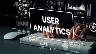 Klavyede Eller Yazılı Modern Kullanıcı Analitik Görselleştirme ve Ekran Kaplama Arkaplanındaki Veri Grafikleri. Asemptotik akıllı veri analitiği.