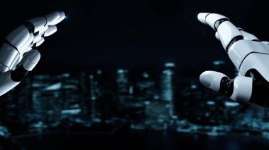 Gelecekçi robot yapay zeka yapay zeka yapay zekayı aydınlatıyor ve makine öğrenme kavramını geliştiriyor. İnsan hayatının geleceği için küresel robot biyonik bilim araştırması. 3B görüntüleme grafiği.