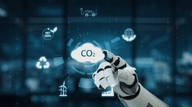 Robotik bir el, karbondioksit azaltımını ve sürdürülebilirlik kavramlarını sembolize eden, modern ofis arka planına karşı kurulmuş, teknolojik yenilikleri gösteren yüzen ikonlara işaret ediyor. Auvana