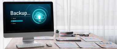 Yedek Depolama Verisi İnternet Teknolojisi İş Konsepti. Veritabanı depolama teknolojisi dosya aktarım paylaşımı, siber, büyük veri bilgileri, internet bankacılığı uygulaması yükleme canlısı