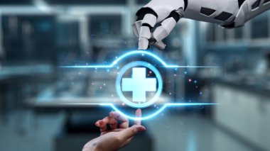 Robot ve insan elini uzatıyor ve yüzen tıbbi haç ikonu ile parmağıyla işaret ediyor. Laboratuvar geçmişini işaret ederken robot eller ve insanların birlikte çalışması yakın plan. Sağlıklı..