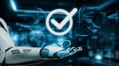 Robotik bir el, dijital onayı işaret eden parlak bir işaretle modern yüksek teknoloji ortamında teknoloji ve yenilikleri birleştirir. Auvana