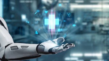 Tıbbi haç hologramı havada süzülürken robot elinin avuç içini kapat. Tıbbi verilere erişip, semptomlara bağlanırken tıbbi çapraz holografiği gösteren bir el. Sağlıklı..