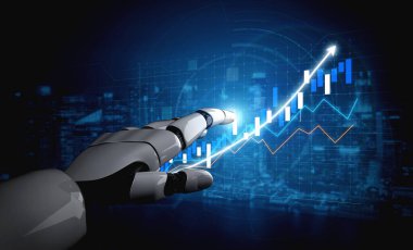 Bu resim dijital büyüme grafiğine uzanan robot bir eli gösteriyor, teknoloji, otomasyon ve veri analizindeki ilerlemeyi sembolize ediyor. Etki
